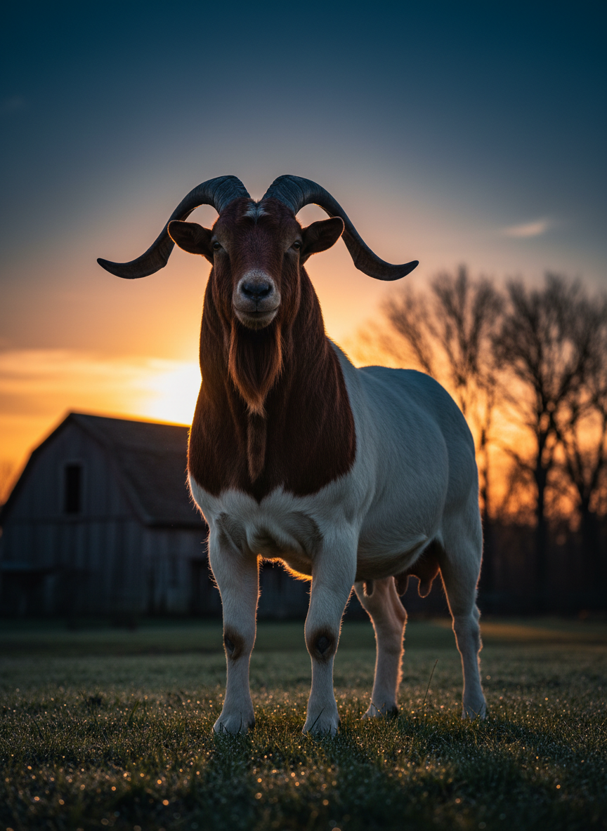 A striking, low-angle photographic shot of a powerful Boer buck standing on a slight rise in a field at sunrise, his silhouette partially rim-lit by the first orange light breaking over the horizon. His red head and thick neck are richly detailed, horns sweeping back with impressive mass, white body broad and muscular. Dew-damp grass glistens around his strong legs, while a dark, weathered barn and a line of bare trees sit softly out of focus in the background. The sky has deep blues fading into fiery orange, adding drama. The composition is cinematic and dramatic, with strong contrast and a sense of dominance and presence, reflecting a dark, bold brand personality for a top-tier Boer goat breeding farm.