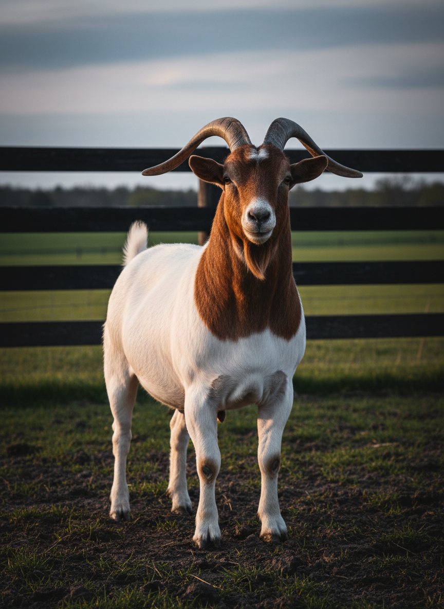 A powerful, full-body portrait of a muscular registered Boer buck standing in a slightly muddy pasture, his rich red head and neck contrasting sharply with his clean white body. His curved horns are thick and well-defined, coat sleek with a subtle sheen. He stands square and alert near a dark wooden fence line, with rolling fields and a distant tree line softly blurred behind him. Captured at eye level in warm, late-afternoon golden hour light that skims across his back, creating gentle highlights and deep, natural shadows. The mood is bold and confident, emphasizing strength and quality genetics. Photographic realism, crisp focus on the goat with a shallow depth of field and a moody, dark-toned farm atmosphere.