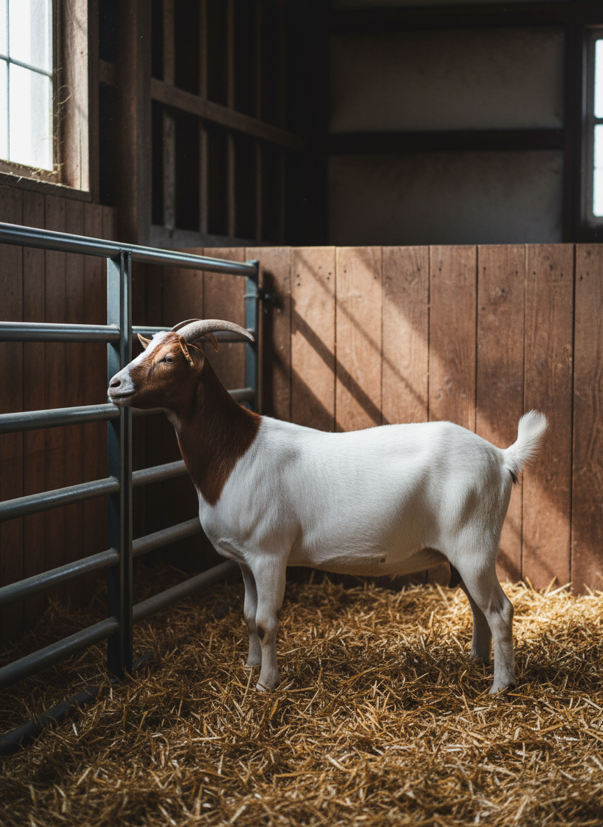 Inside a dimly lit, clean goat barn, a registered Boer doe stands in a deep straw bedded pen beside a sturdy, freshly painted dark metal gate. Her body is fully visible in side profile, showing a strong top line, solid legs, and well-balanced proportions, with a classic red head and pure white body. Soft, directional light filters in through a high side window, creating streaks of brightness that cross her coat and the textured wooden wall behind her, while the rest of the barn recedes into gentle shadow. Captured with a normal lens at eye level, the composition places her slightly off-center, with crisp detail in her coat and horns. The mood is serious, professional, and quietly focused on quality livestock management.
