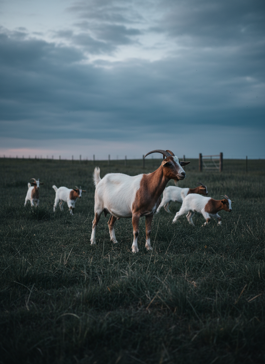 A small group of registered Boer does and kids grazing in a slightly overgrown pasture at dusk, their red and white coats standing out against dark green grass and a brooding, cloud-filled sky. One sturdy doe stands in the foreground in sharp focus, full body visible, with strong legs and excellent conformation, while playful kids jump and explore in the softly blurred midground. The last light of evening creates a low, cool glow, catching along their backs and horns and casting long, subtle shadows. Photographic realism with a cinematic, wide-angle composition using rule of thirds, emphasizing depth, open space, and a moody, rustic farm atmosphere that conveys both hardiness and quiet beauty.