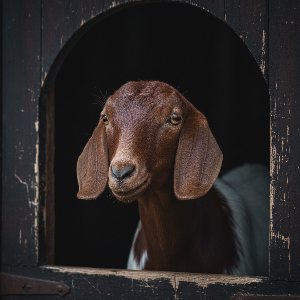 A close-up, photographic headshot of a registered Boer doe with a deep mahogany-red face and long, pendulous ears, her amber eyes calm and intelligent. Her coat is smooth and immaculate, with subtle variations of white and cream along her neck and shoulders. She stands just inside the shadow of a dark-stained wooden barn doorway, with cool, diffused overcast light from outside wrapping softly around her features. The background fades into a deep, unobtrusive darkness, drawing attention entirely to her expression and breed characteristics. Shot at eye level with a tight crop and shallow depth of field, the mood is intimate, serious, and quietly proud, suited to a premium Boer goat breeding farm.