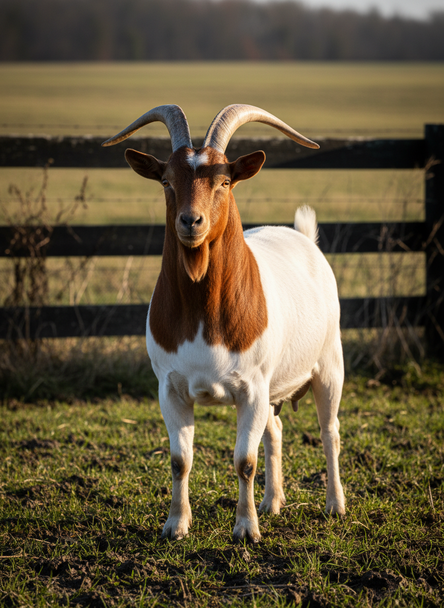 A powerful, full-body portrait of a muscular registered Boer buck standing in a slightly muddy pasture, his rich red head and neck contrasting sharply with his clean white body. His curved horns are thick and well-defined, coat sleek with a subtle sheen. He stands square and alert near a dark wooden fence line, with rolling fields and a distant tree line softly blurred behind him. Captured at eye level in warm, late-afternoon golden hour light that skims across his back, creating gentle highlights and deep, natural shadows. The mood is bold and confident, emphasizing strength and quality genetics. Photographic realism, crisp focus on the goat with a shallow depth of field and a moody, dark-toned farm atmosphere.