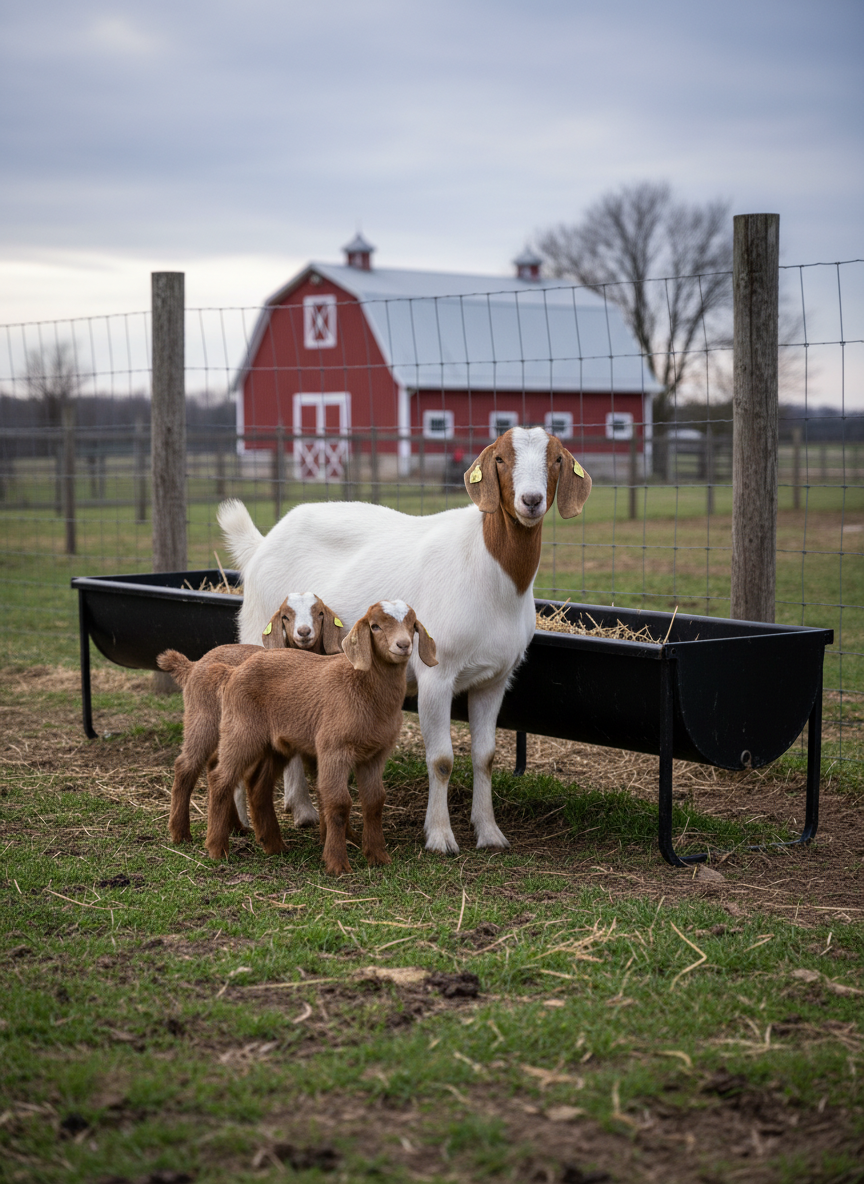 A calm, full-body portrait of a well-conditioned Boer doe with twin kids at her side, all clearly registered-quality, standing near a heavy black metal feeding trough in a fenced paddock. The doe’s red head and white body are immaculate, while the kids show soft, fluffy coats and curious stances. The paddock footing is a mix of short grass and dark, churned soil, with sturdy wood-and-wire fencing and a distant barn giving context to a working farm. Captured in soft, diffused late-evening light under an overcast sky, colors are rich but subdued, with gentle shadows and smooth tonal transitions. Photographic realism, moderate depth of field keeps all three animals in focus while the background falls away, creating a grounded, serious, but quietly nurturing atmosphere.
